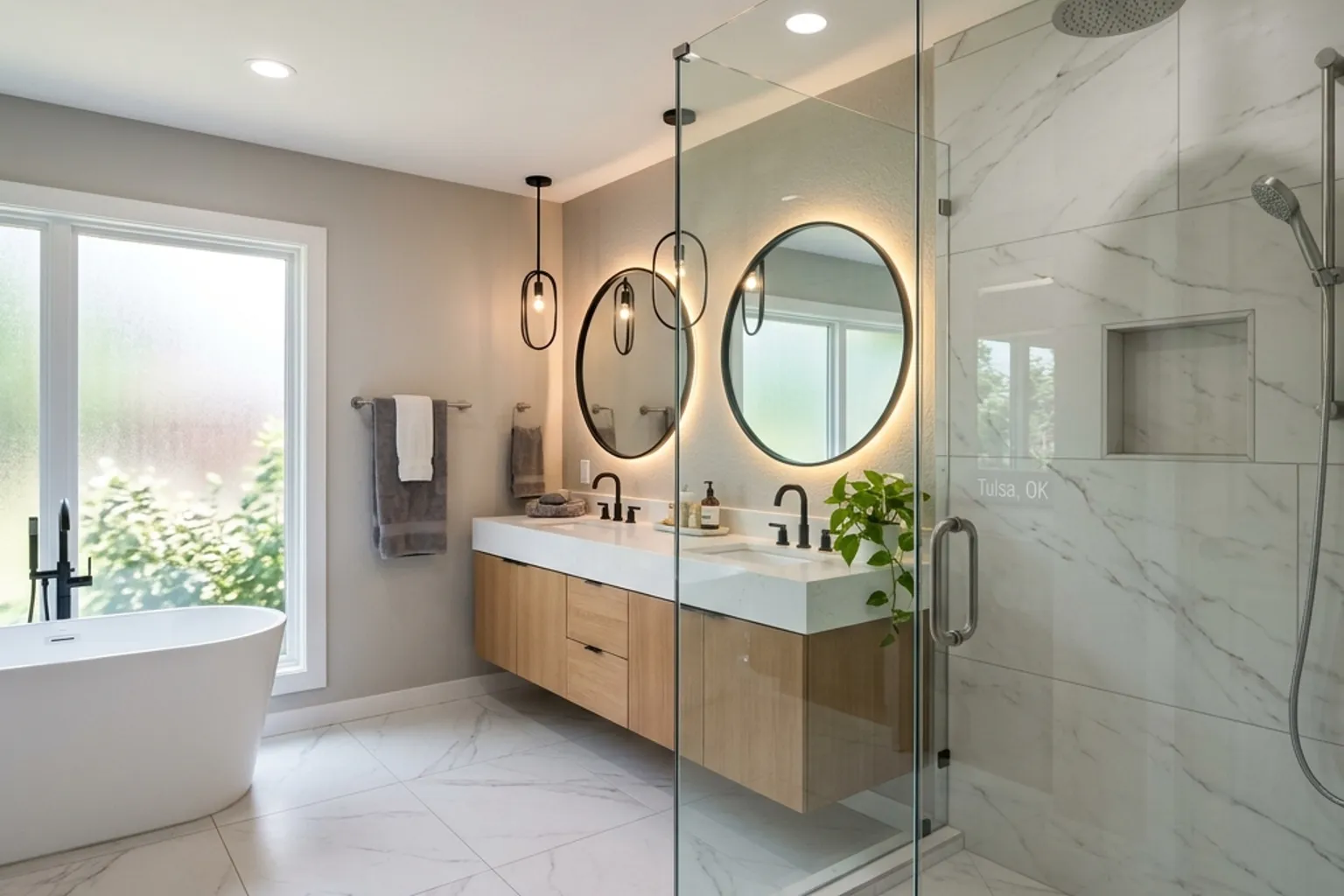 Modern bathroom remodel with walk-in shower and floating vanity in a Tulsa home