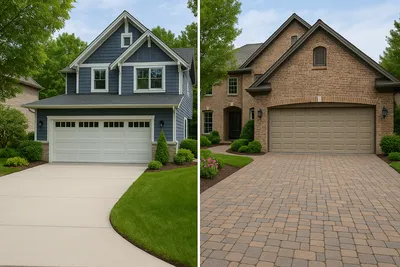 Side by side comparison of concrete and paver patios