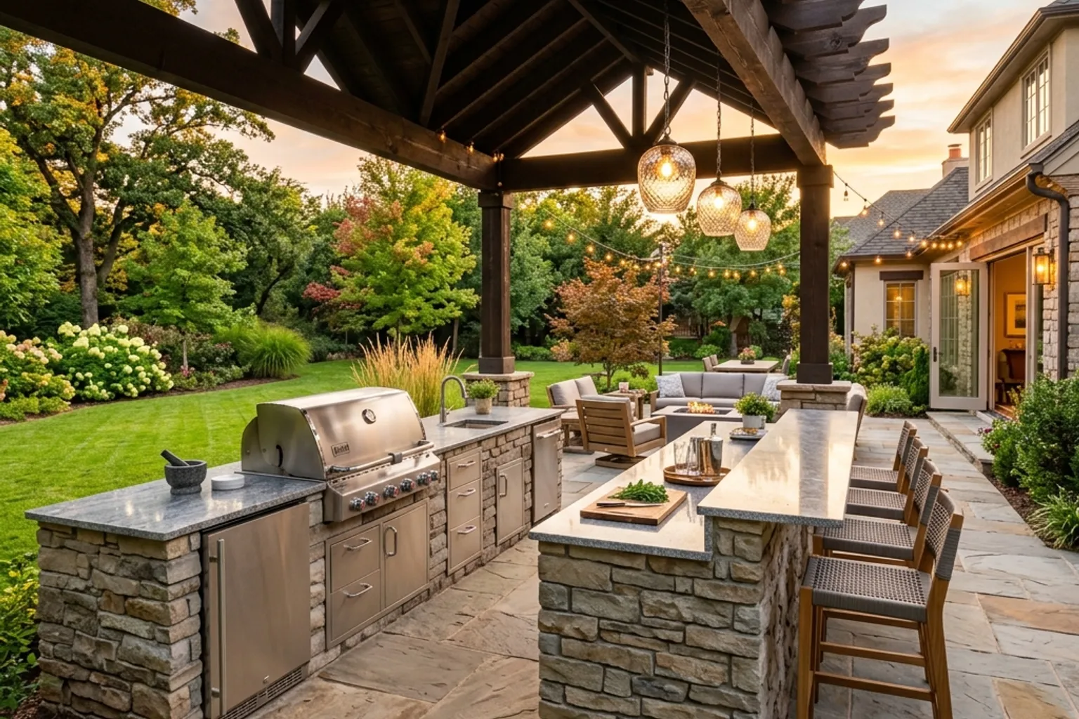 Custom outdoor kitchen with stone countertops, built-in grill, and pergola in a Tulsa backyard