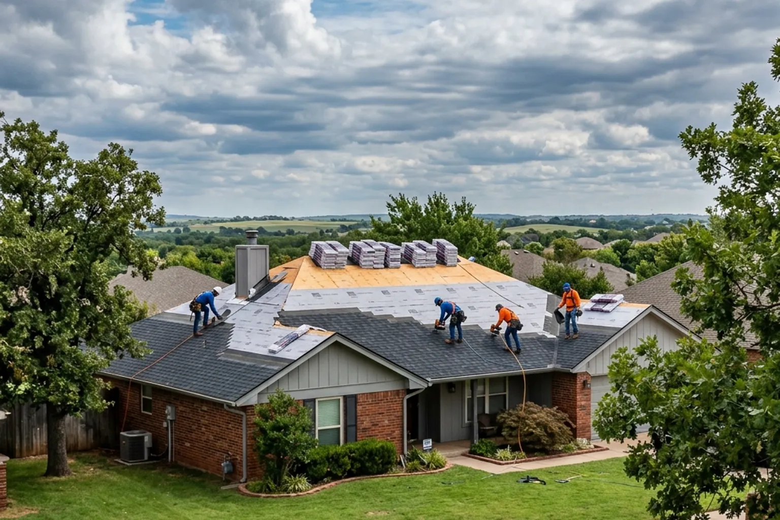 Professional roofing installation on a Tulsa area home with architectural shingles